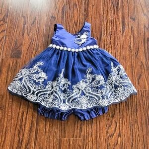 American Princess Royal Blue Layed Diaper Cover Dress White Embroidered Details